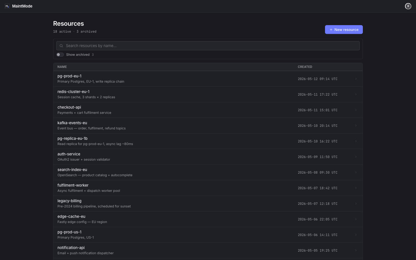 The resources list in MaintMode, showing registered databases, services and clusters