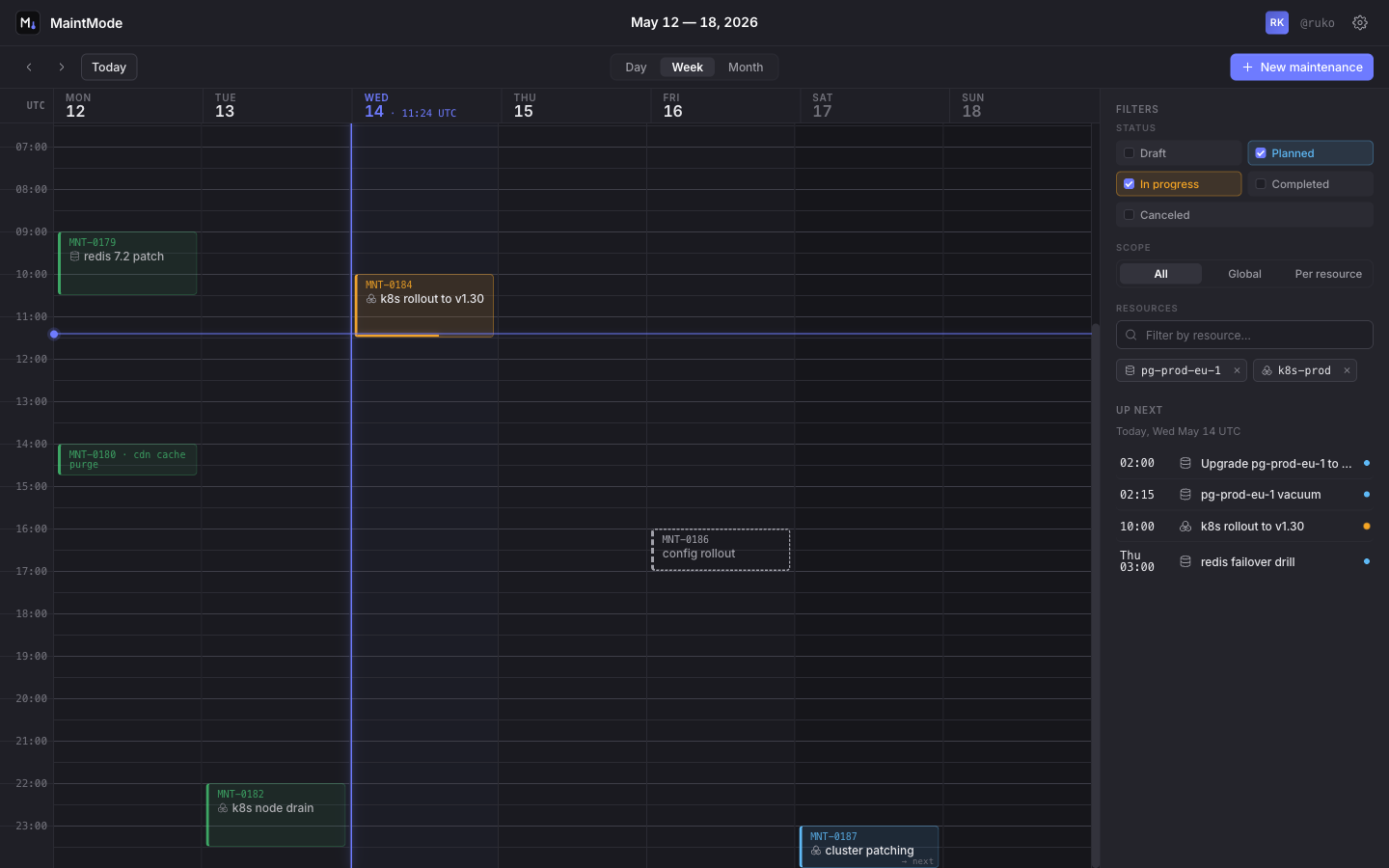 The MaintMode calendar in week view, showing maintenance windows across the week with status colours, filters and an up-next list